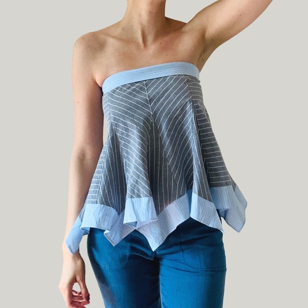 Benaar LA Elara Blue Striped Strapless Flouncy Top Handkerchief Hem NWT Size M
